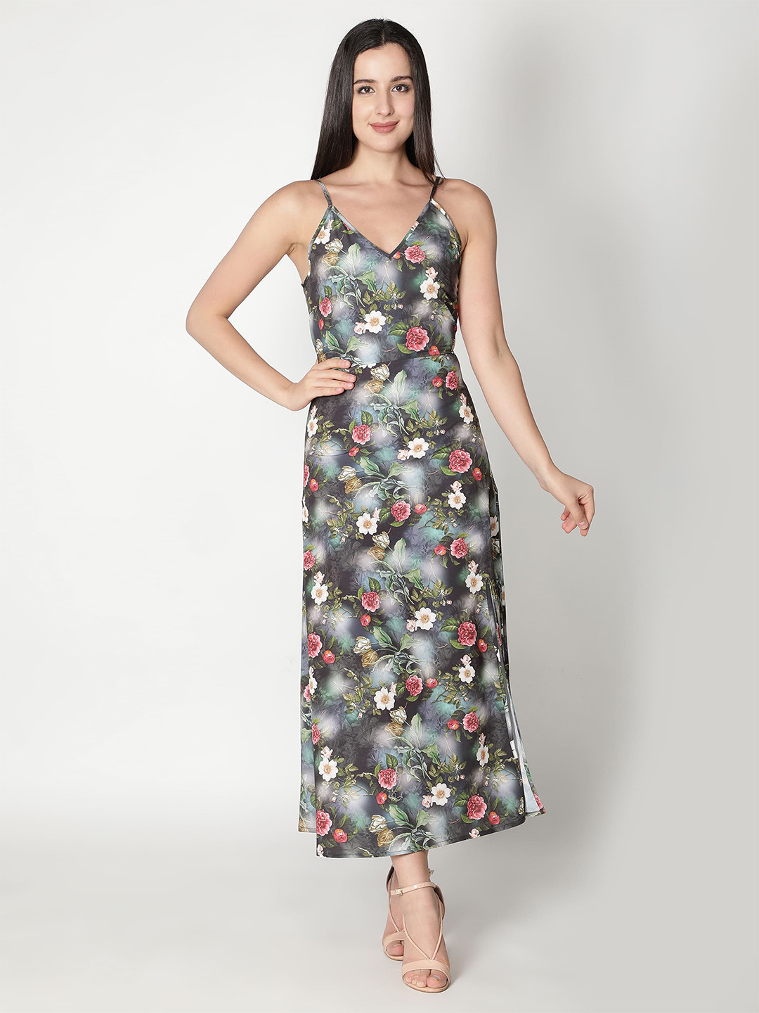 VIDE Women Black Floral Printed Crepe Maxi Dress