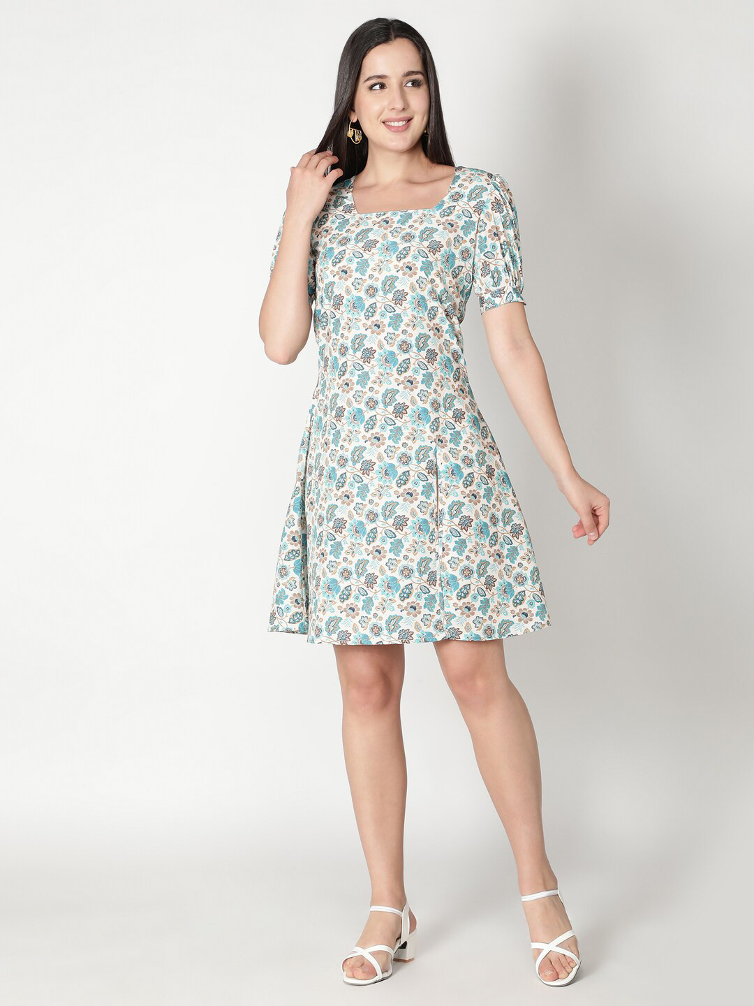 VIDE Cream-Coloured Floral Crepe A-Line Dress