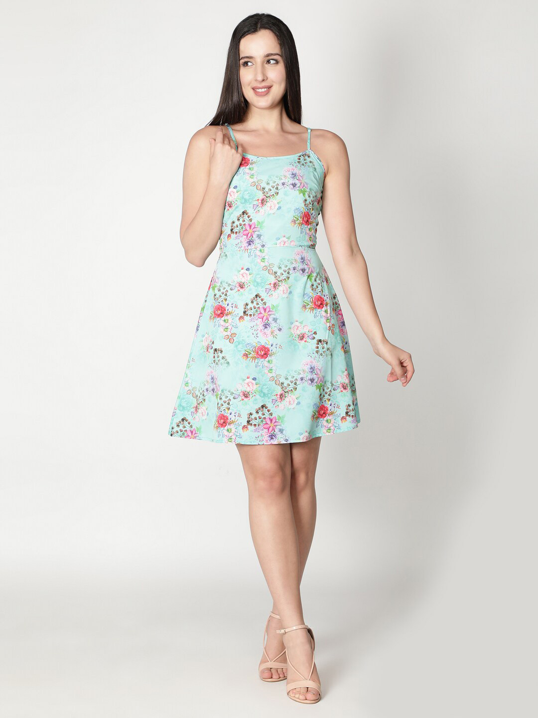 VIDE Women Green Floral Printed Crepe Fit & Flare Dress