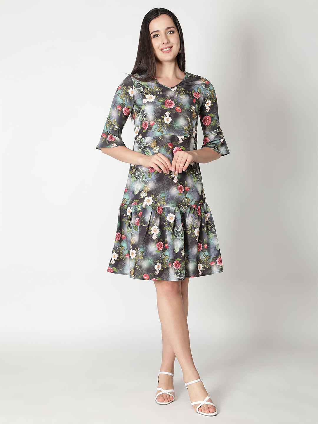 VIDE Women Black Floral Printed Crepe Fit and Flare Dress