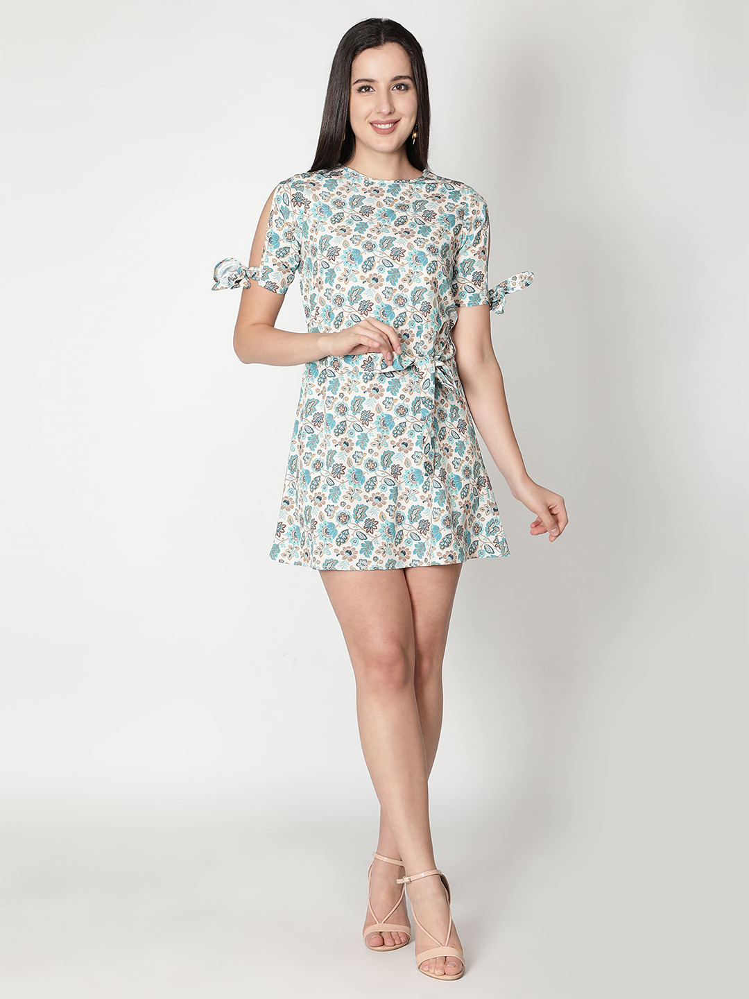 VIDE White & Blue Floral Crepe Mini Dress