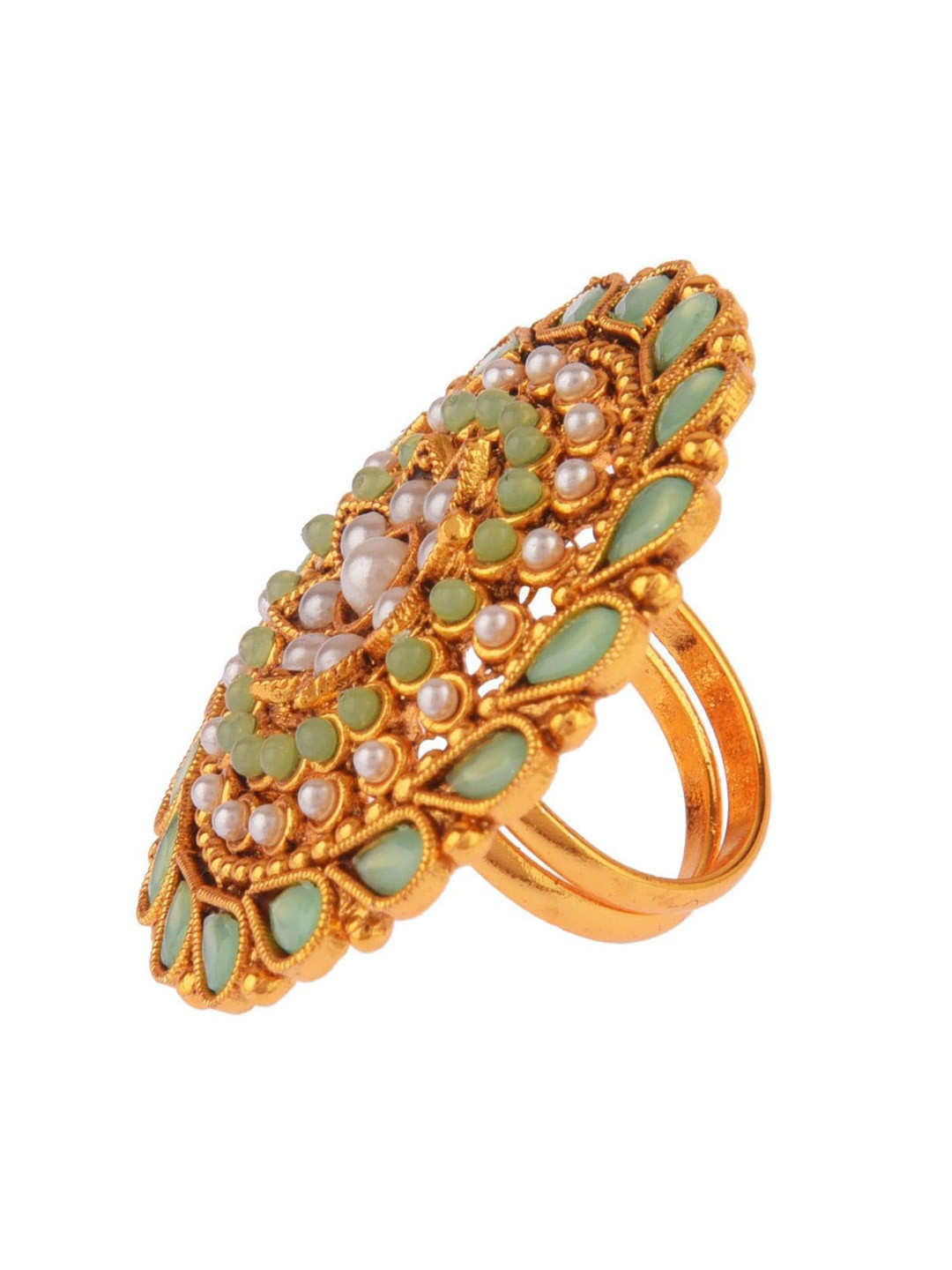 Efulgenz Women Lime Green Kundan Faux Pearl Beaded Ring