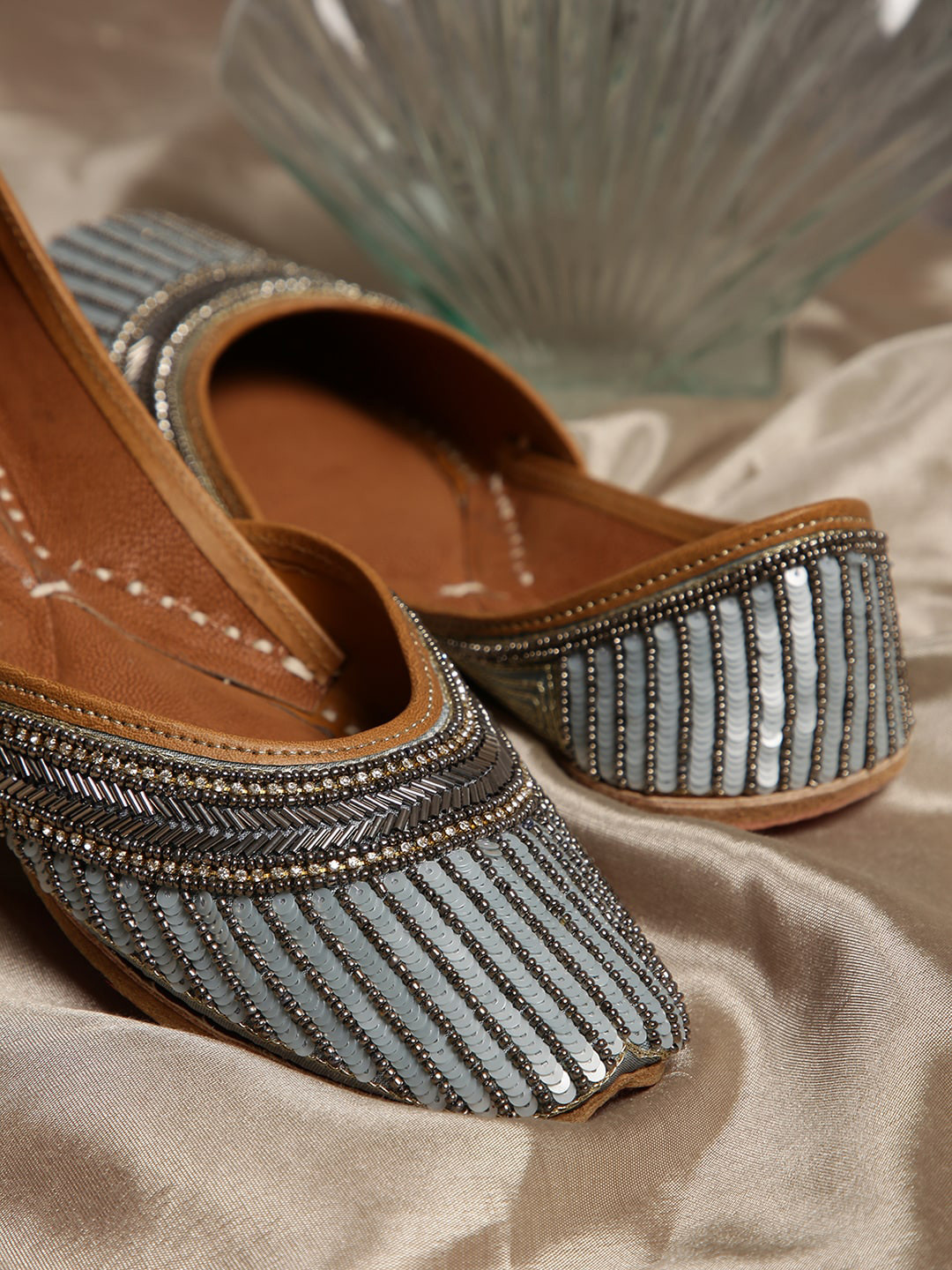 GLAM STORY Women Blue Striped Leather Party Flats