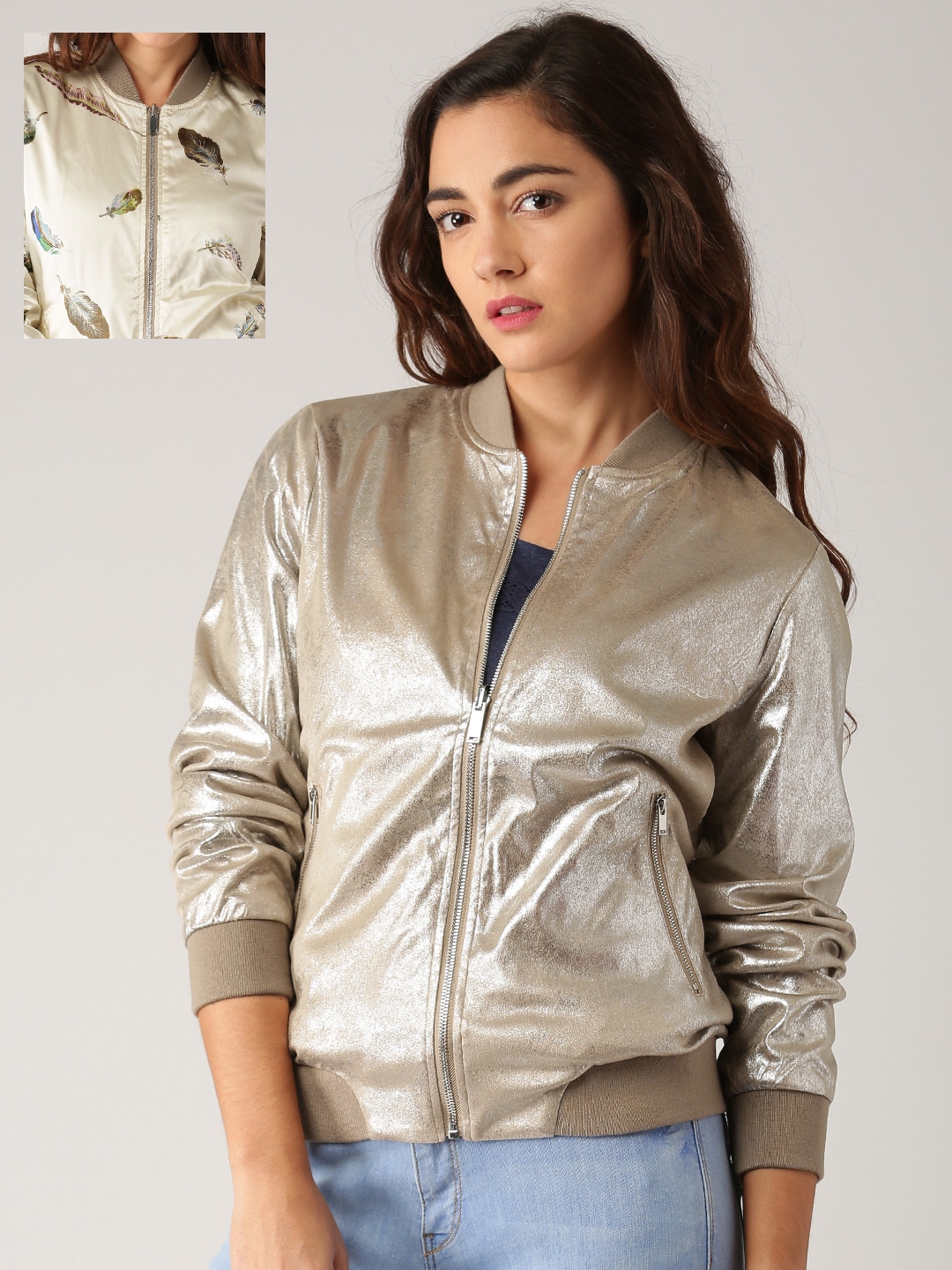 hvad som helst matchmaker At give tilladelse Buy ESPRIT Women Golden & Cream Coloured Reversible Shimmer Bomber Jacket -  Jackets for Women 1896874 | Myntra
