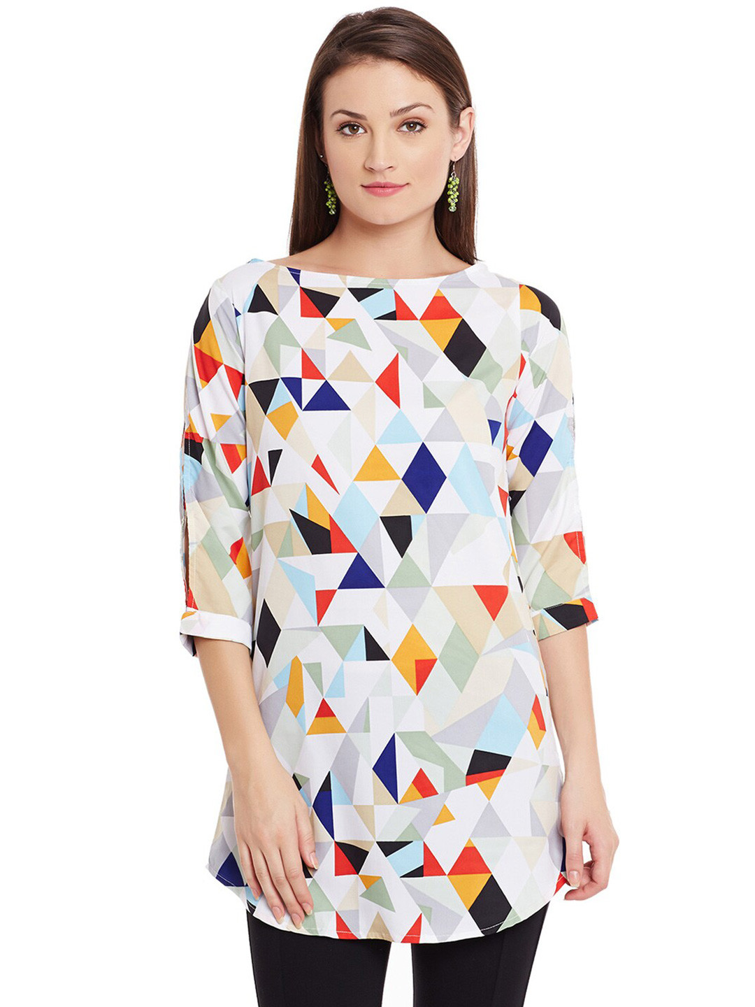 Ruhaans White & Red Boat Neck Printed Tunic