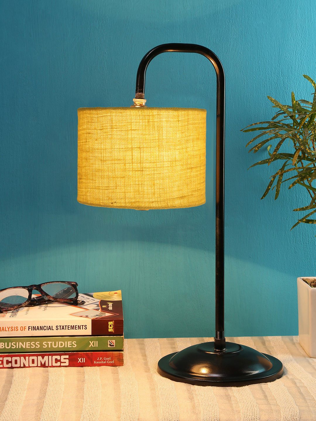 Devansh Yellow Jute Shade Cylinder Shaped Iron Table Lamp