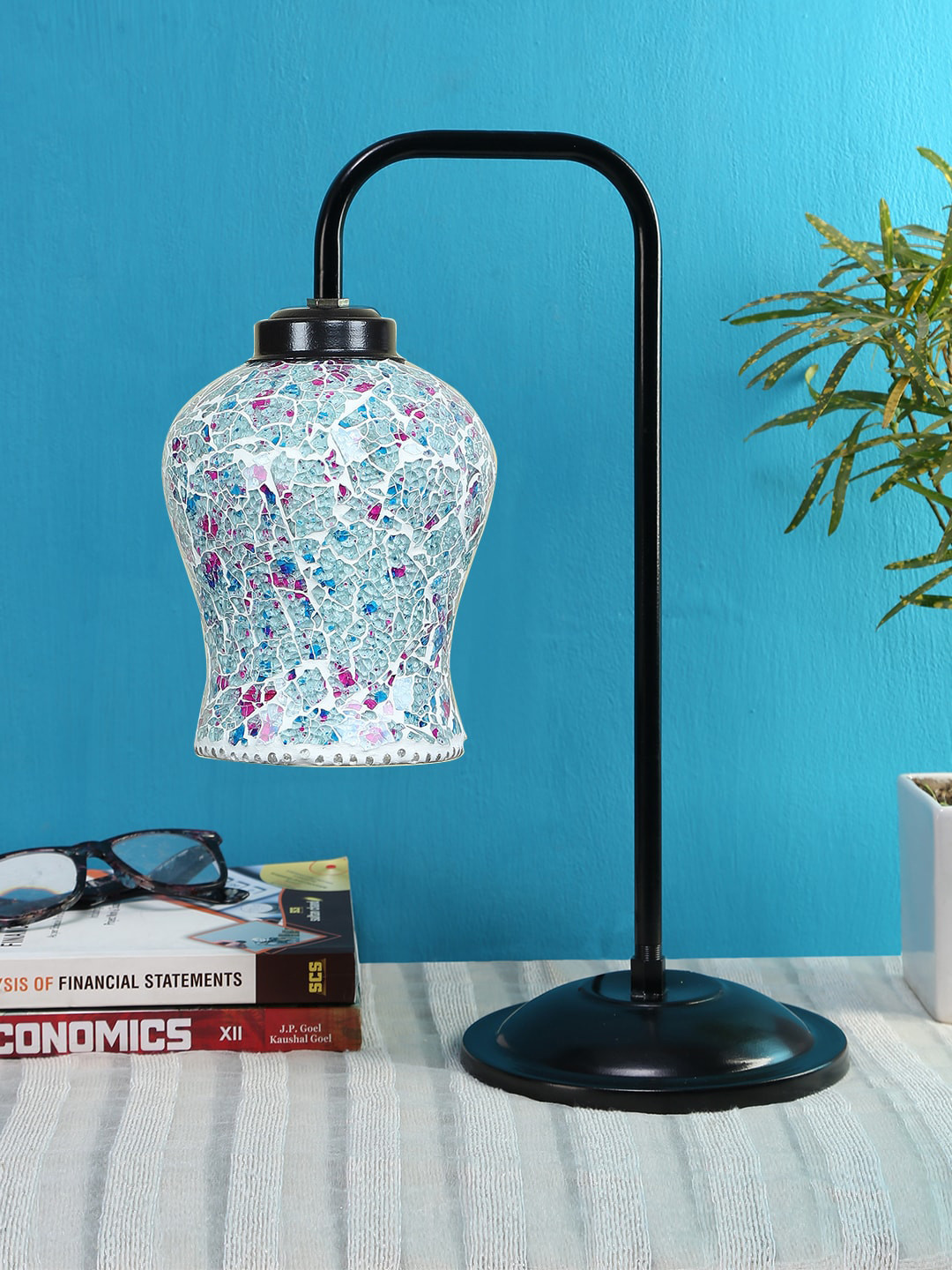 Devansh Blue & Black Mosaic Glass Iron Table Lamp