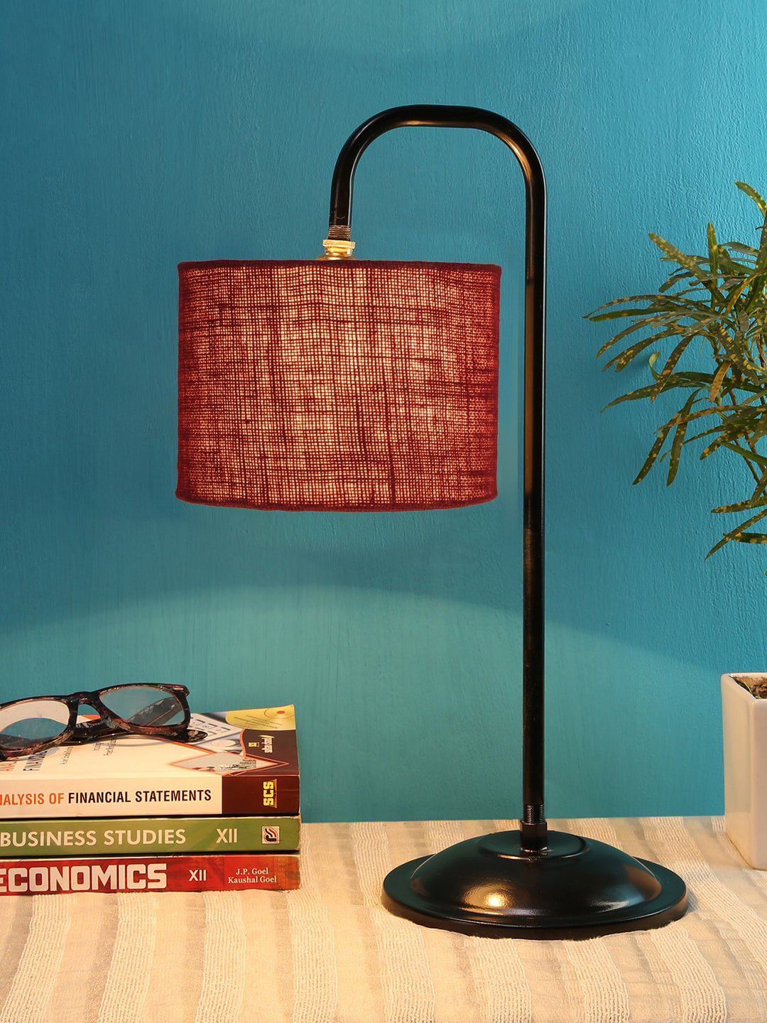 Devansh Maroon Jute Shade Iron Table Lamp With Shade