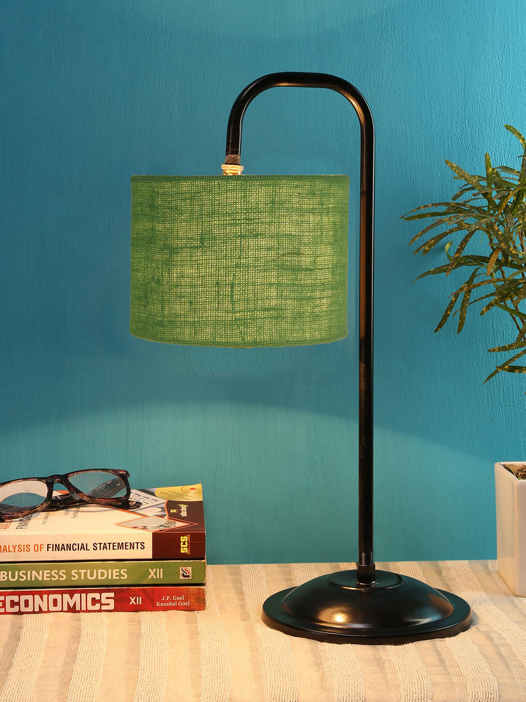 Devansh Green & Black Jute Shade Iron Table Lamp