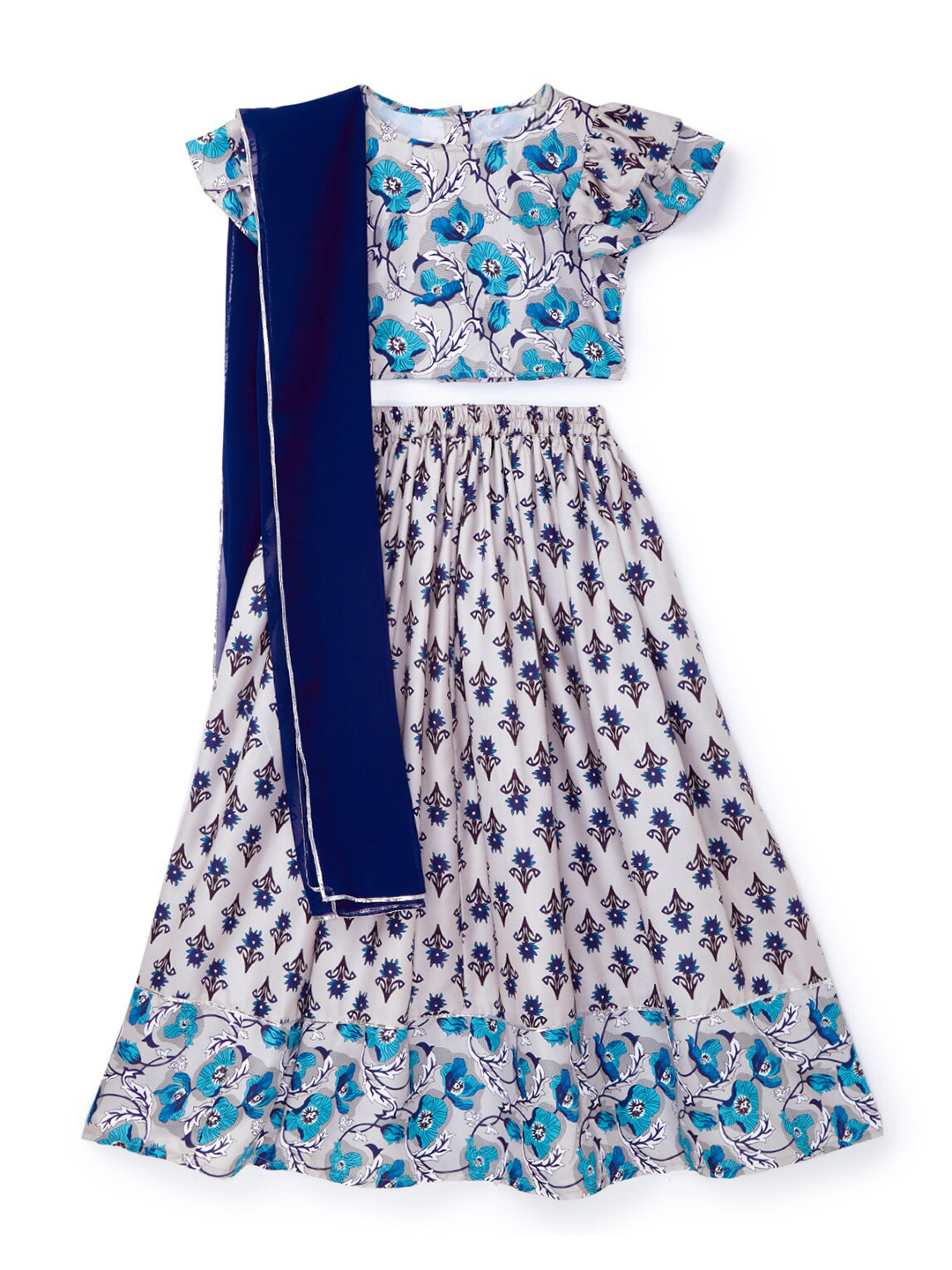 YK Girls Grey & Blue Floral Printed Ready to Wear Lehenga & Blouse With Dupatta