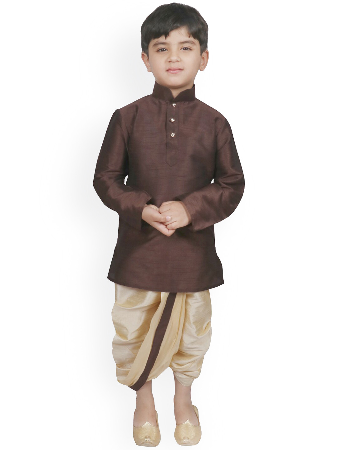 SG YUVRAJ Boys Brown Layered Raw Silk Kurta with Dhoti Pants