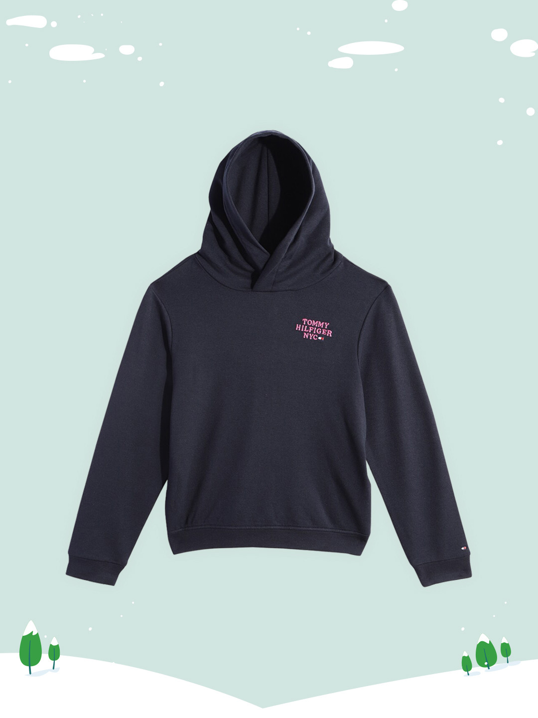 Tommy Hilfiger Girls Navy Blue Brand Logo Embroidered Hooded Sweatshirt