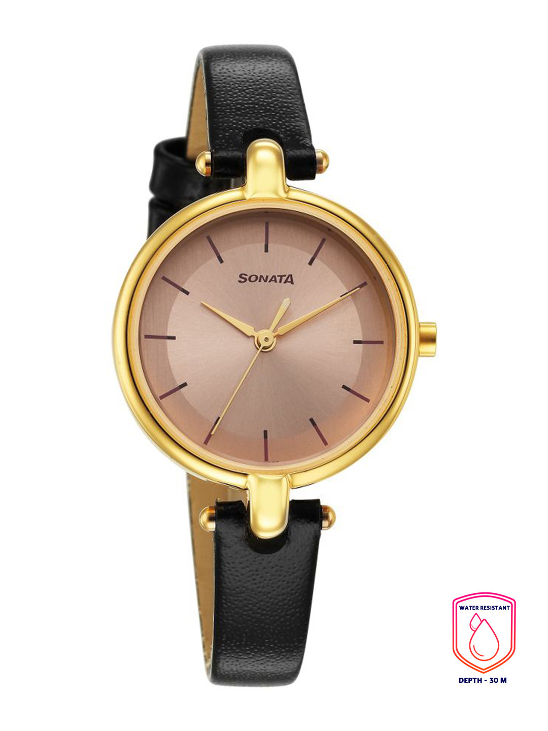 Sonata Women Peach Brass Dial & Black Leather Wrap Around Straps Analogue Watch