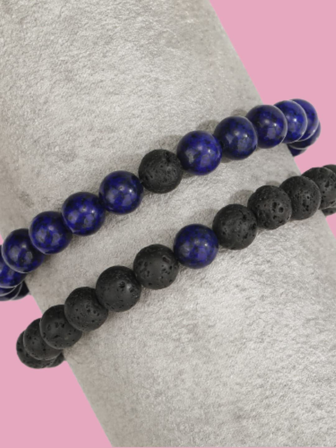 HOT AND BOLD Men Set Of 2 Black & Blue Lapis Lazuli Beaded Bracelets