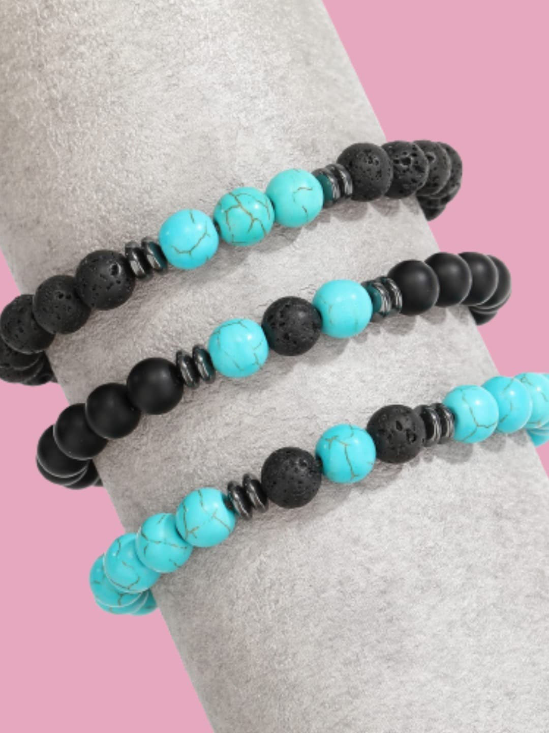 HOT AND BOLD Men Set Of 3 Black & Blue Turquoise Bracelet