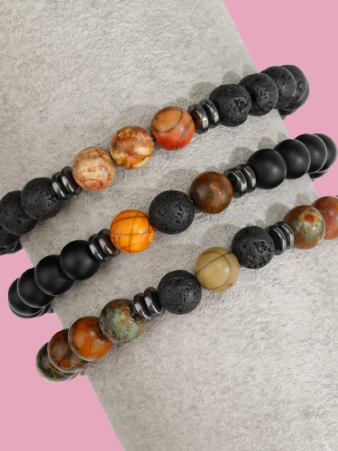 HOT AND BOLD Unisex Set of 3 Black & Brown Onyx Beaded Bracelet