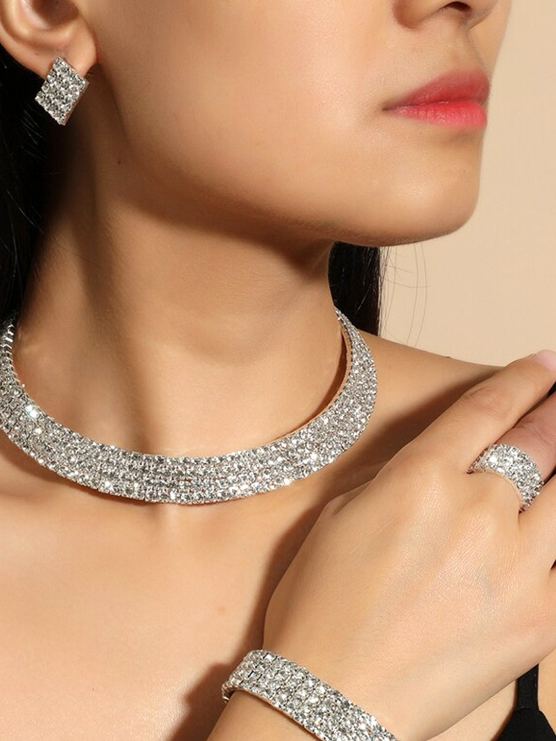 Yellow Chimes Silver Plated Crystal Studded Choker Necklace Set