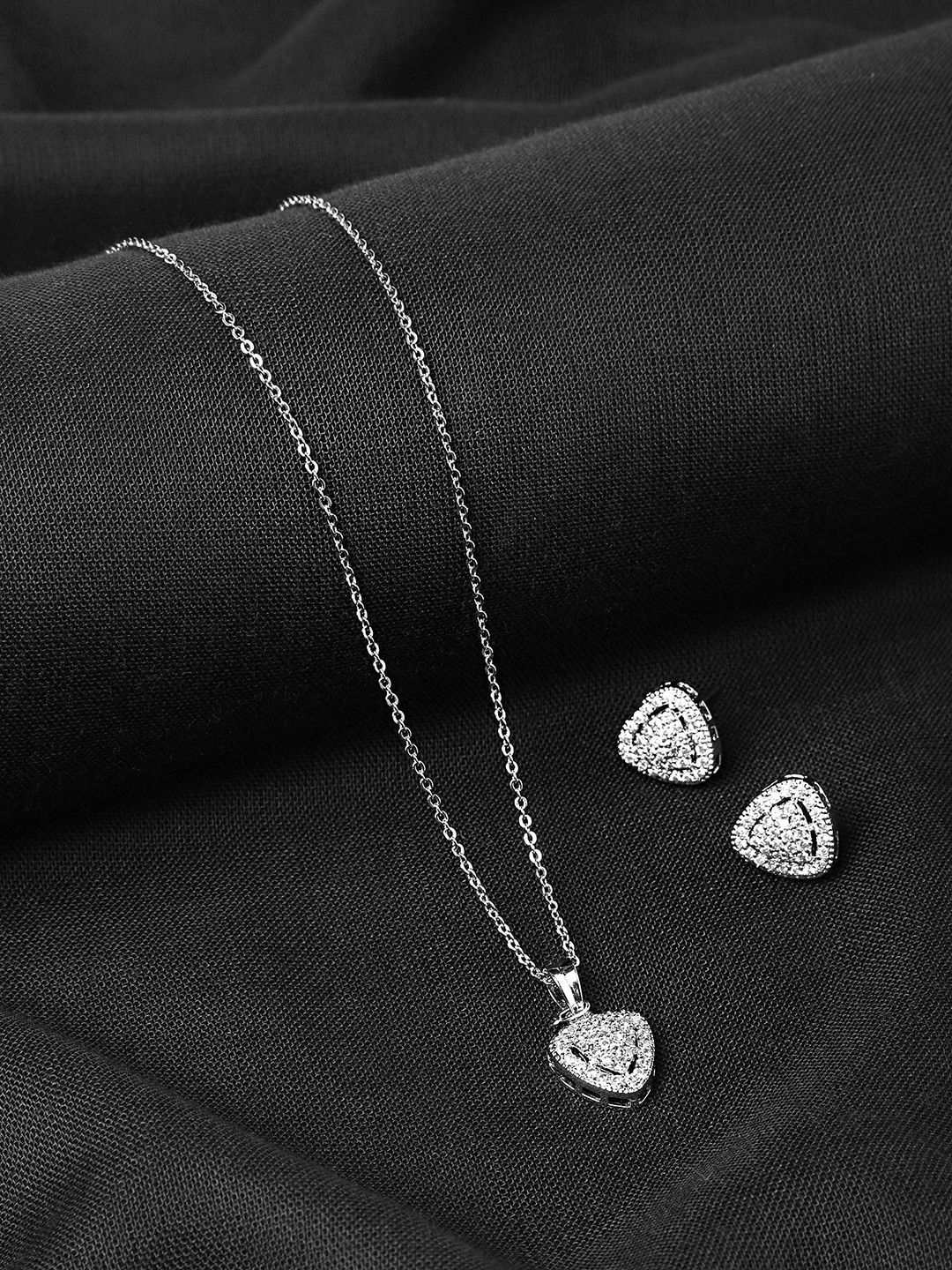 Yellow Chimes Silver Toned American Dimaond Crytal Studded Geometric Shaped Pendant Set