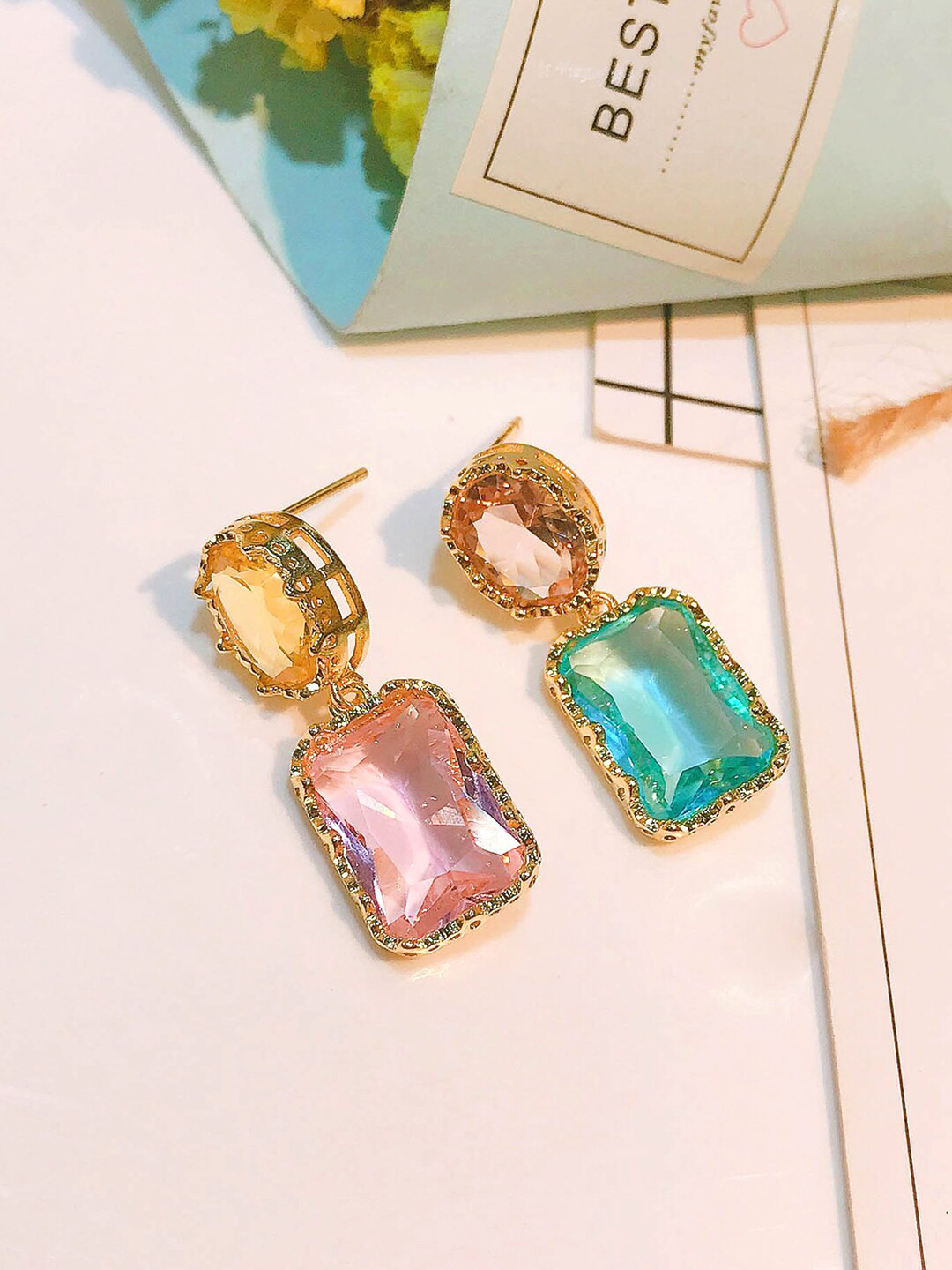 Yellow Chimes Pink & Blue Gold-toned Spark Drop Earrings