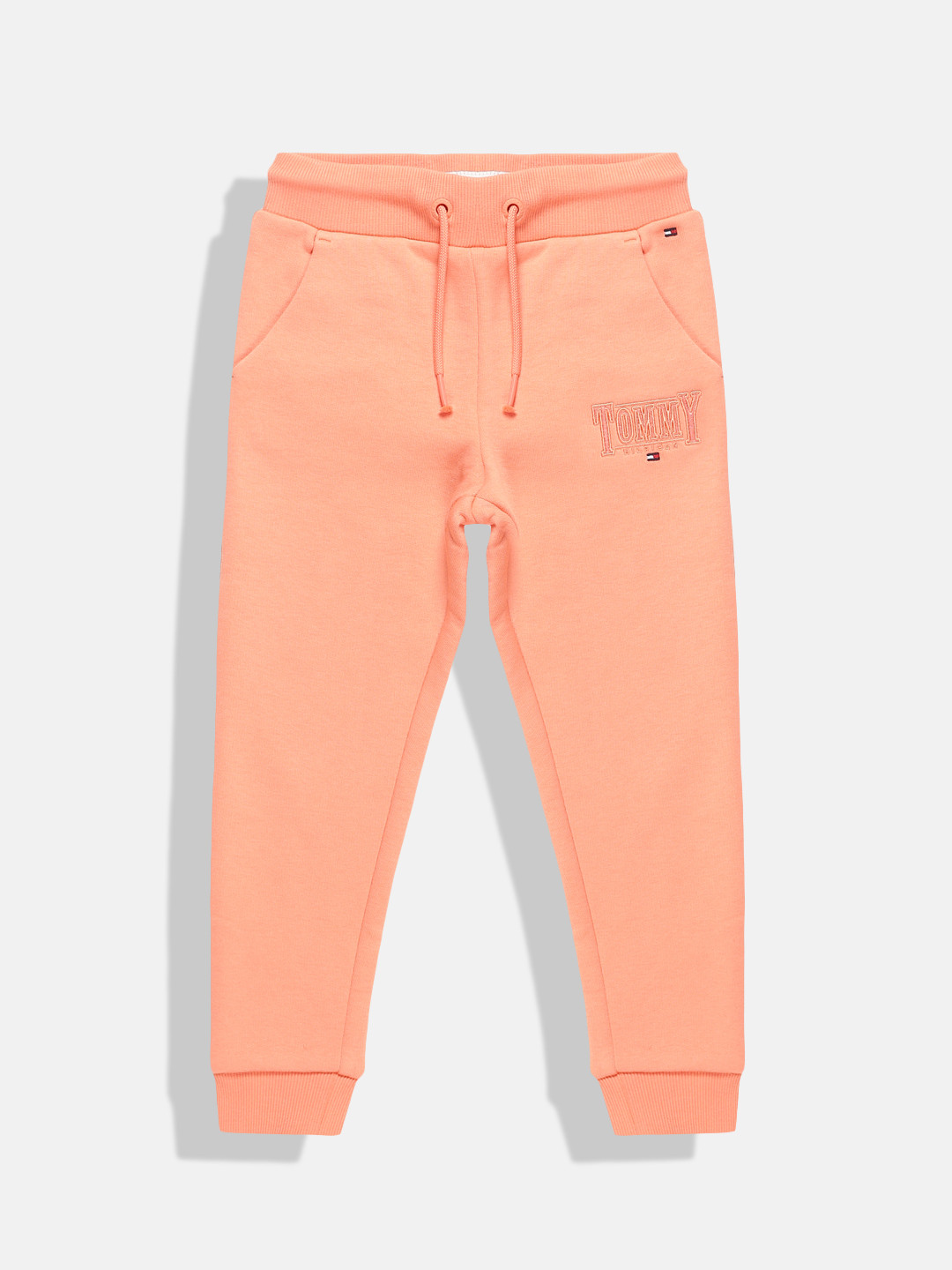 Tommy Hilfiger Girls Peach-Coloured Logo Self Design Pure Cotton Joggers