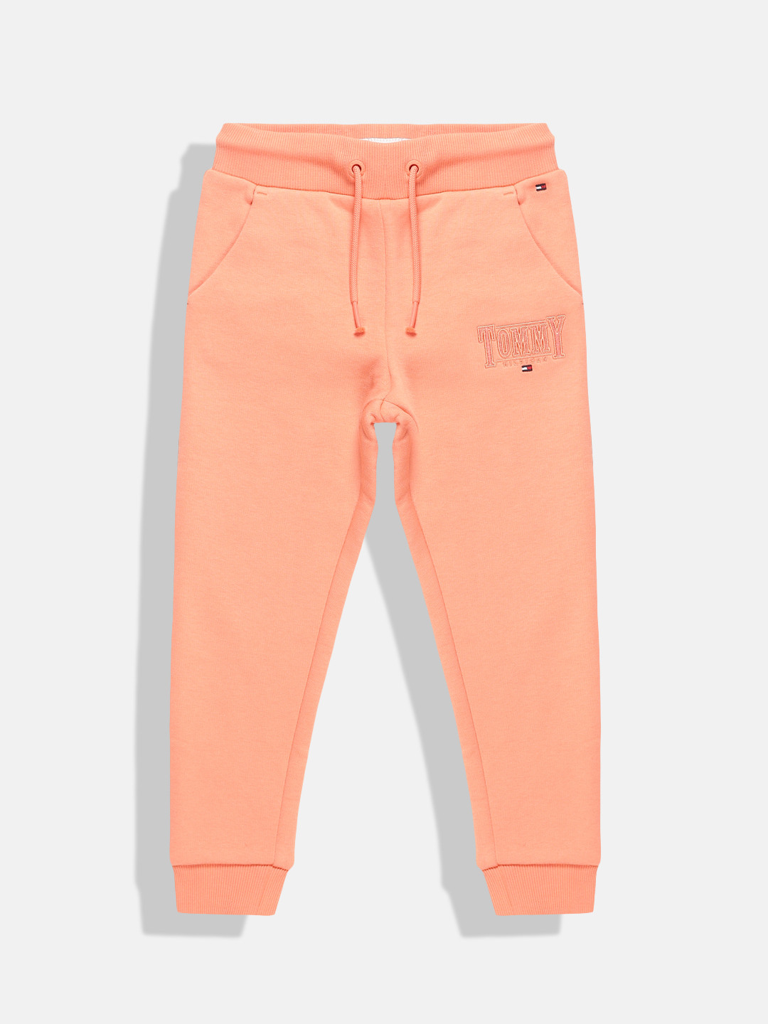 Tommy Hilfiger Girls Peach-Coloured Logo Self Design Pure Cotton Joggers