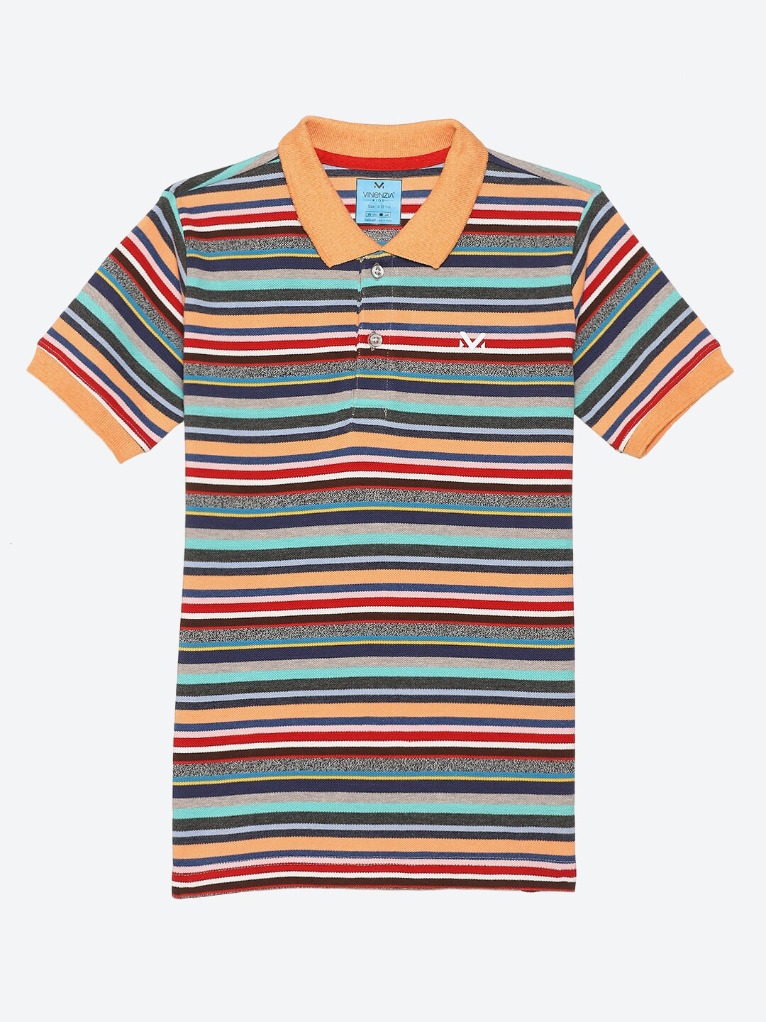 VINENZIA Boys Peach-Coloured Striped Polo Collar T-shirt