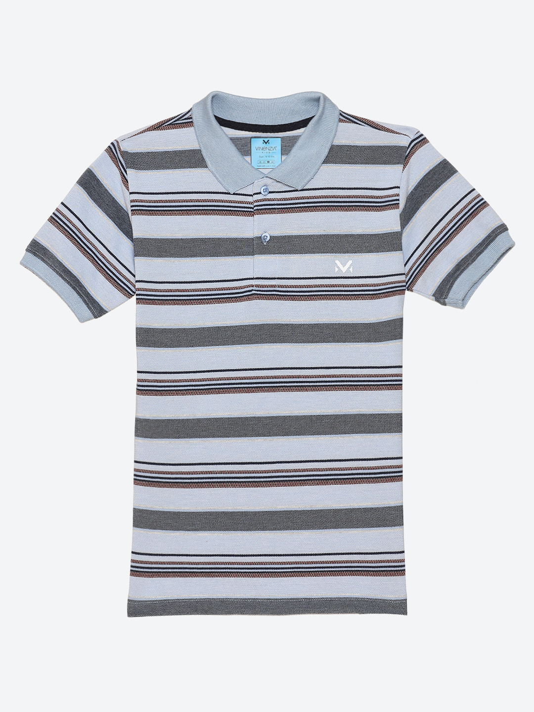 VINENZIA Boys Blue Striped Henley Neck Applique T-shirt