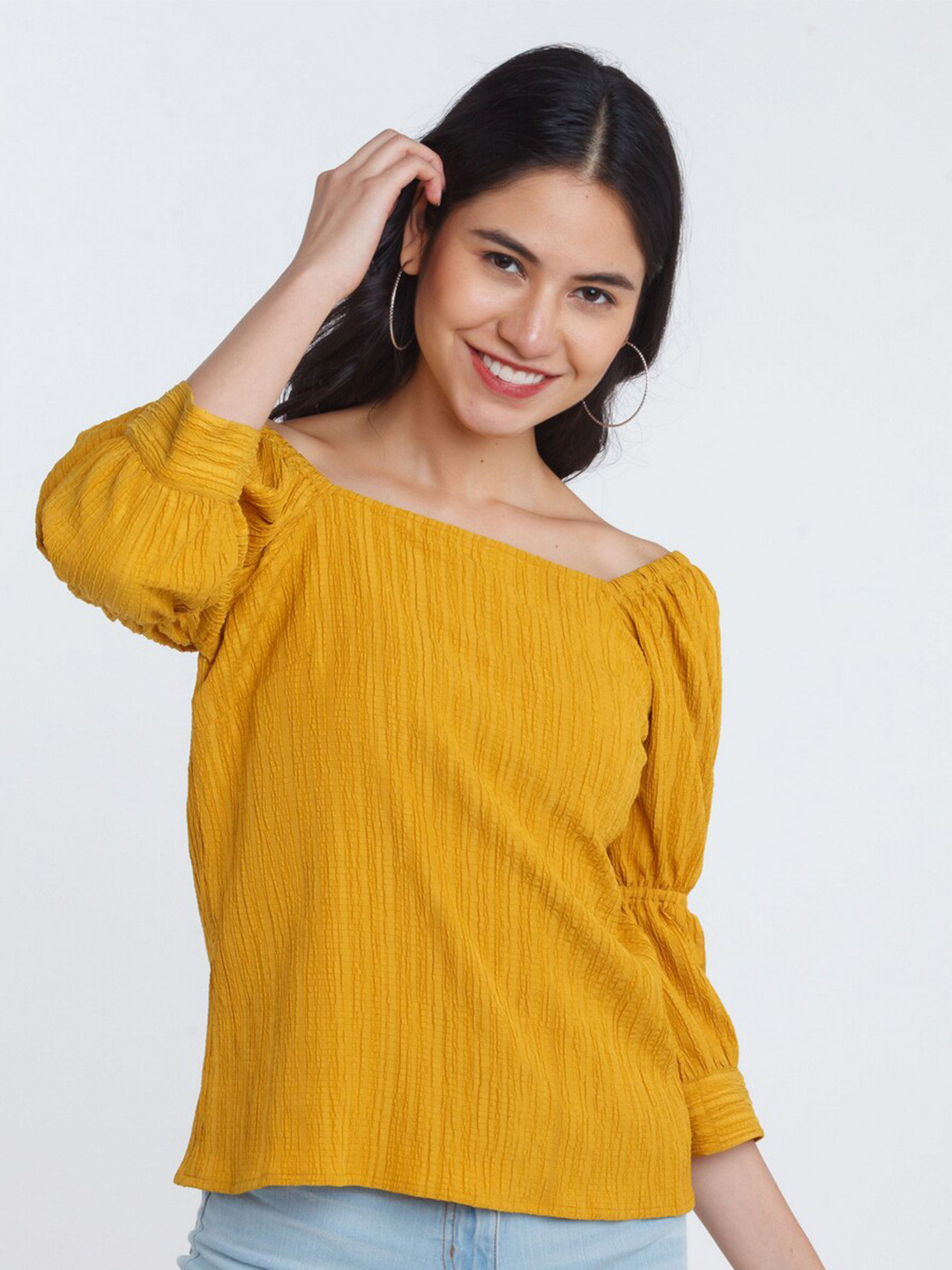 Zink London Women Yellow Striped Off-Shoulder Top