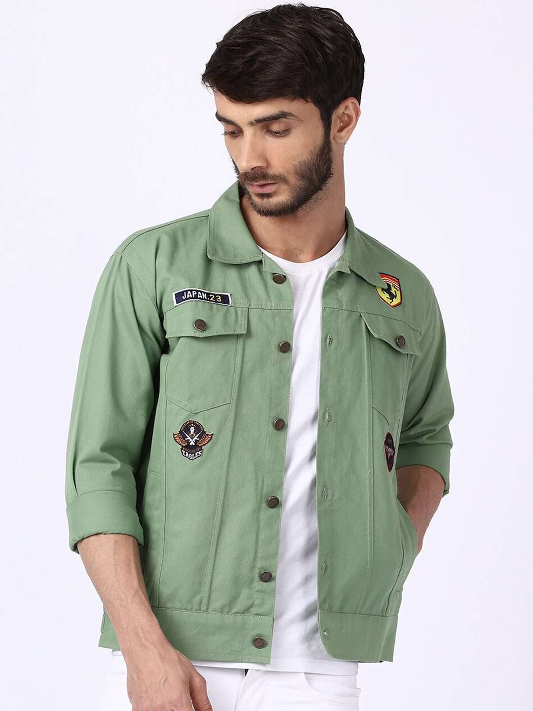 VOXATI Men Green Solid Cotton Denim Jacket