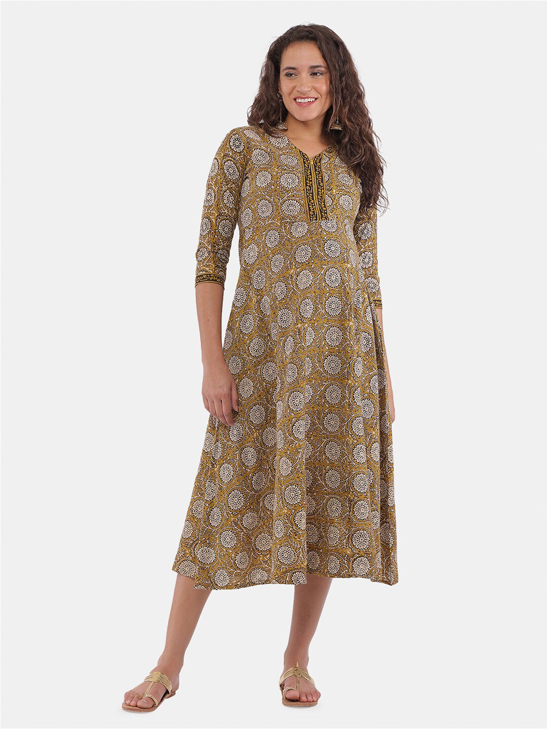 The Mom Store Yellow & White Ethnic Motifs Maternity Pure Cotton A-Line Midi Dress