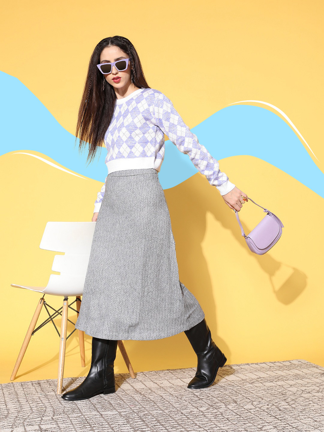 Berrylush Women White Argyle Knits Bits Sweater