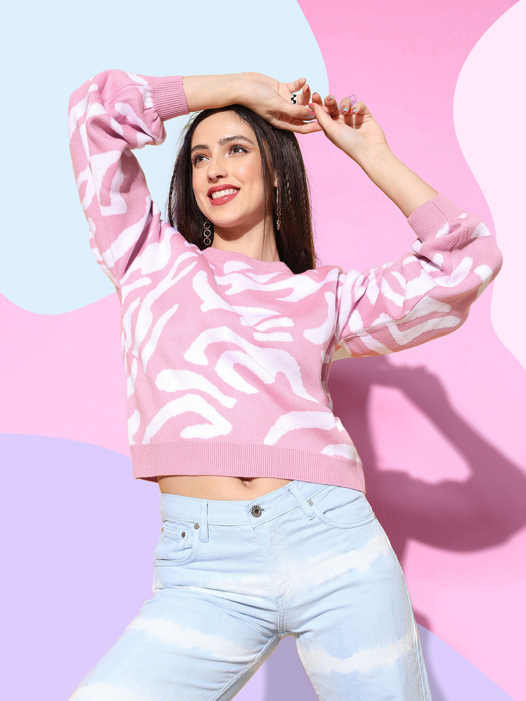 Berrylush Women Pink Abstract Knits Bits Sweater