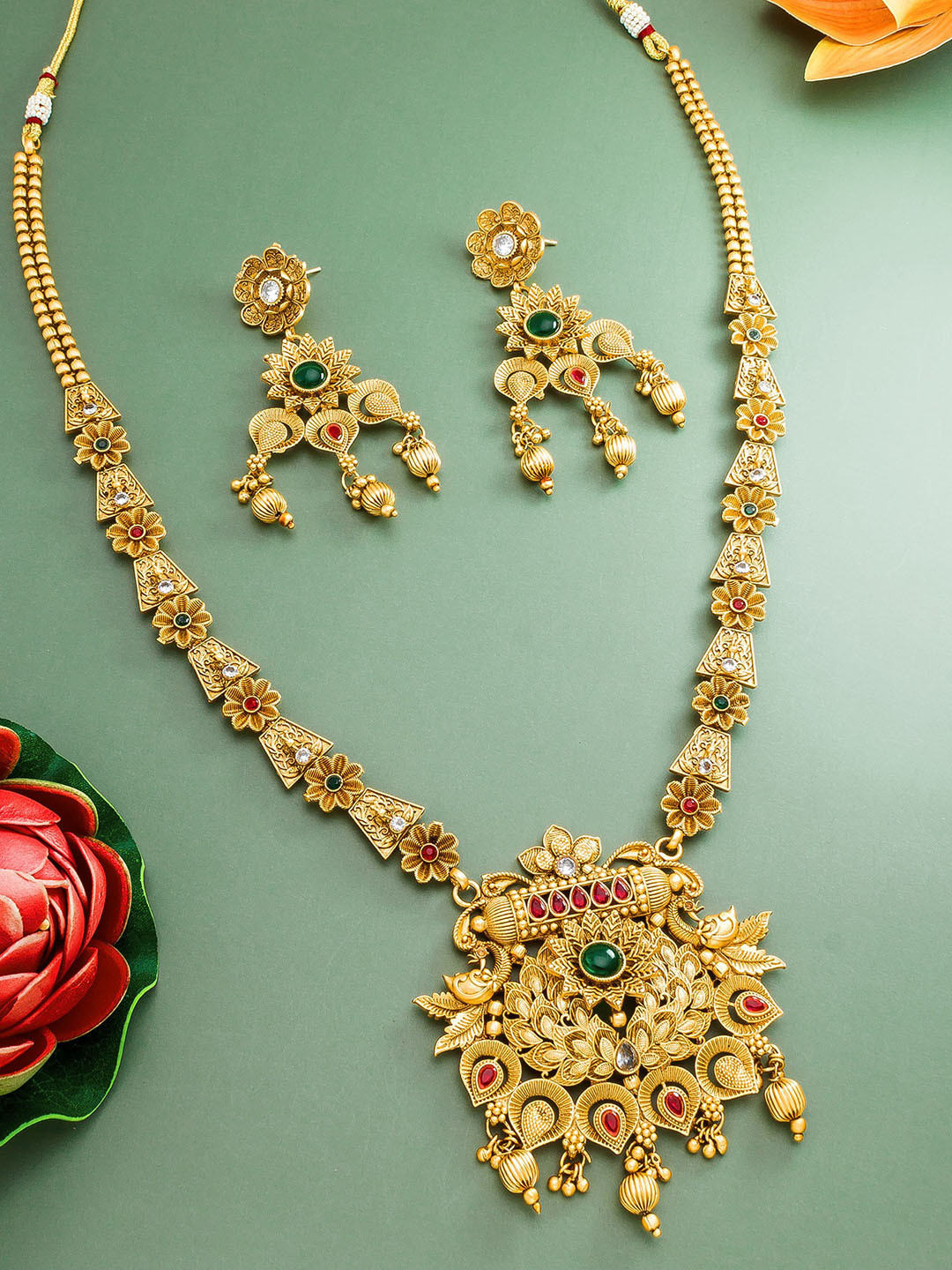 aadita Pink & Green Gold-Plated Stone-Studded Jewellery Set