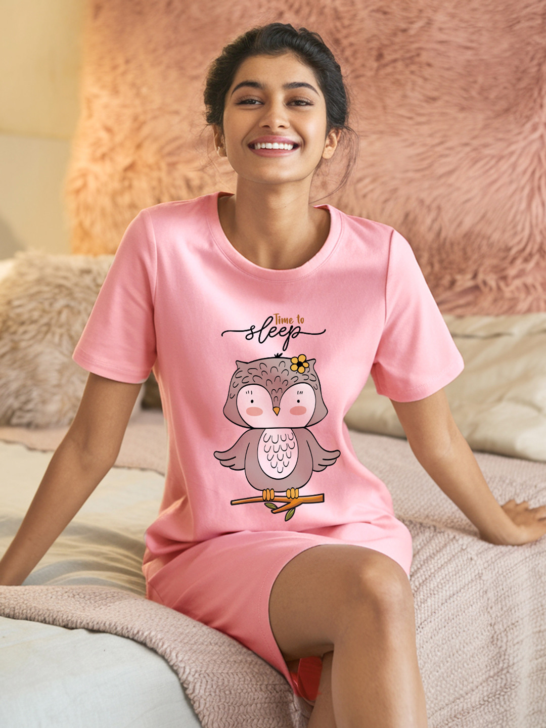 FFLIRTYGO Pink Printed Nightdress