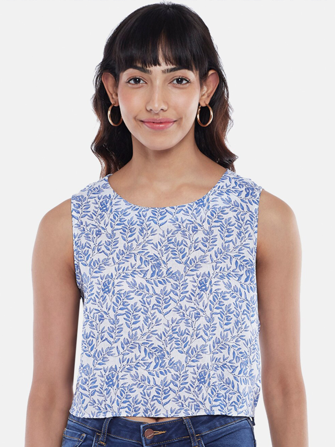 Honey by Pantaloons Blue & orchid tint Floral Print Linen Crop Top