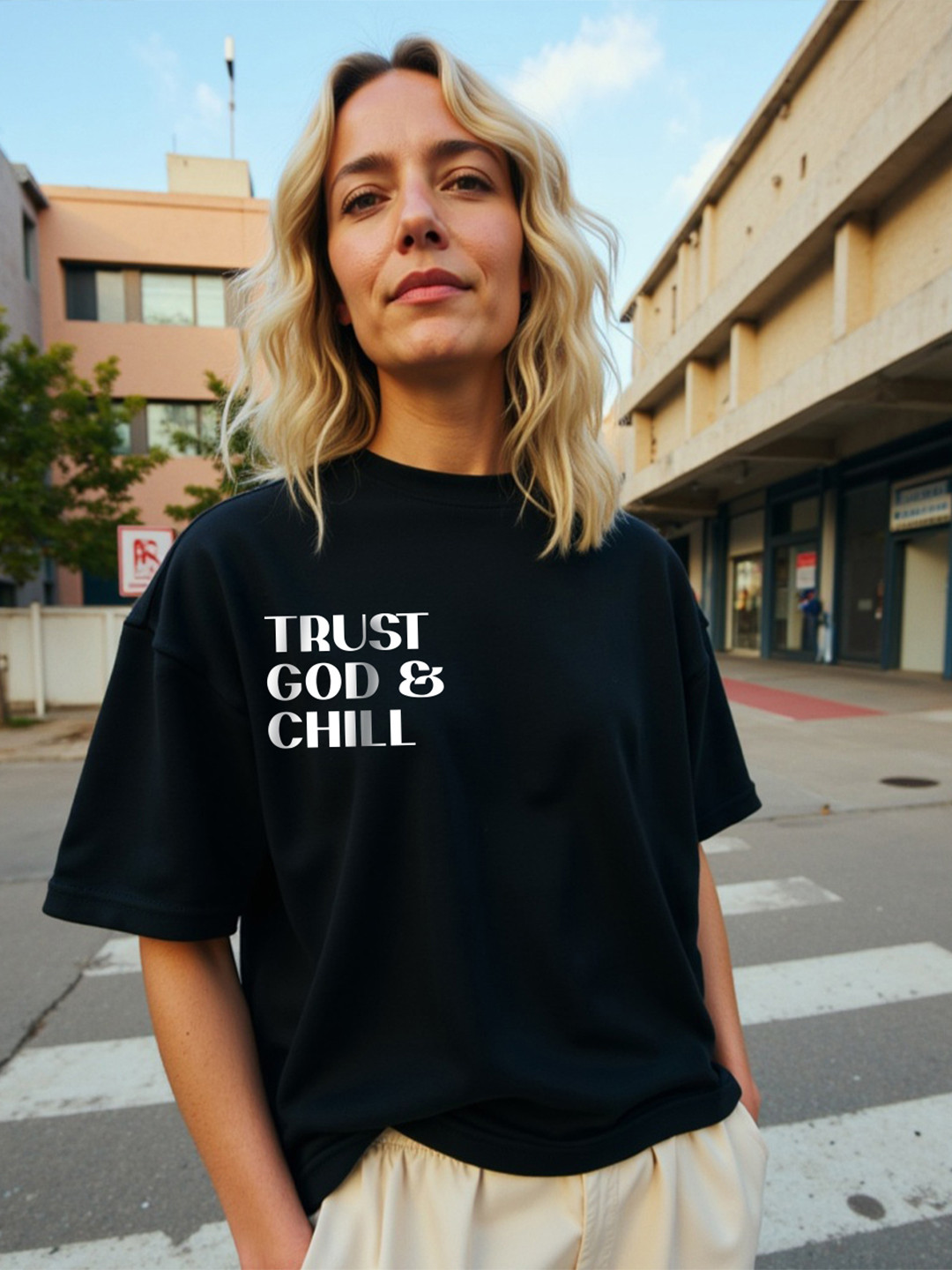 Mad Over Print Women Black Trust God Oversized T-shirt