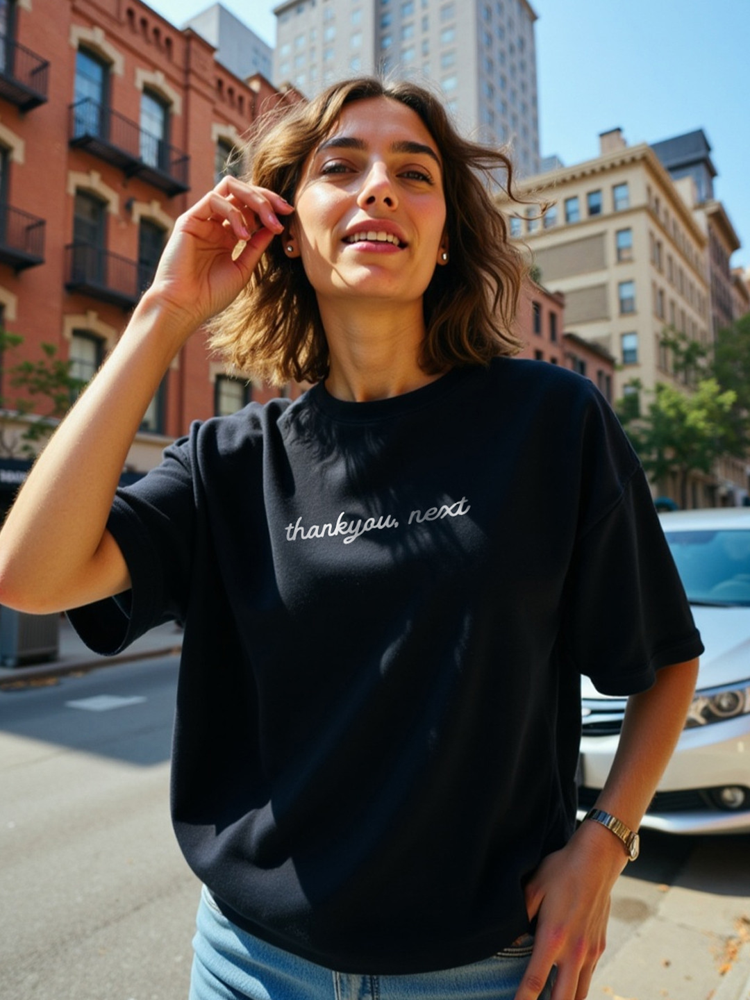 Mad Over Print Women Black Thankyou Next Oversized T-shirt