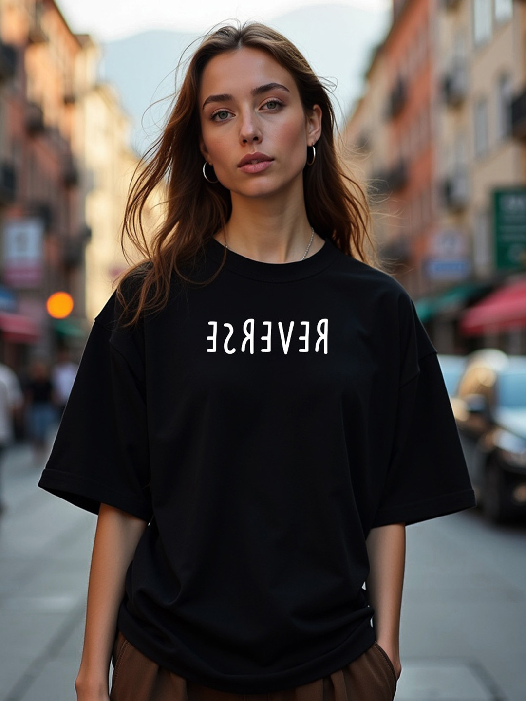 Mad Over Print Women Black Reverse Oversized T-shirt