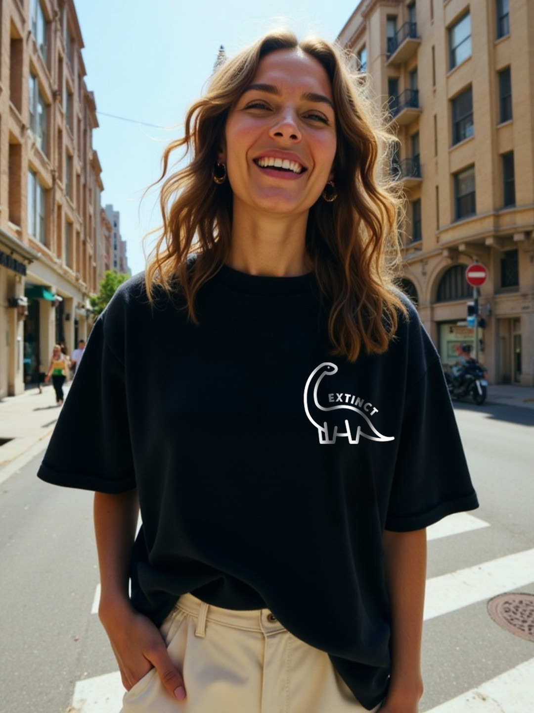 Mad Over Print Women Black Extinct Oversized T-shirt