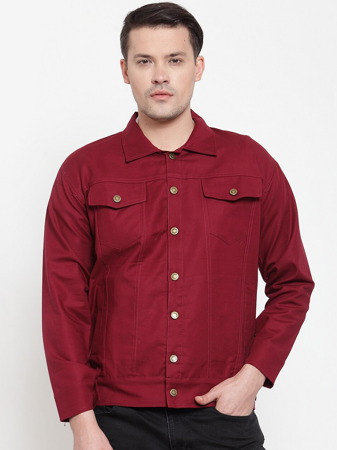 VOXATI Men Maroon Solid Denim Jacket