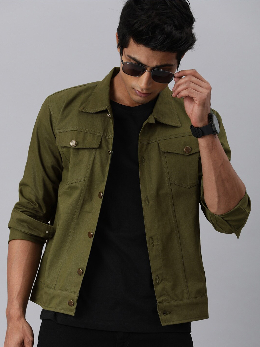 VOXATI Men Olive Green Denim Jacket