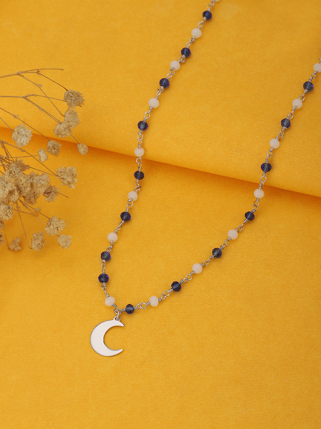 Carlton London Silver-Toned Rhodium-Plated White & Blue Brass Beaded Necklace