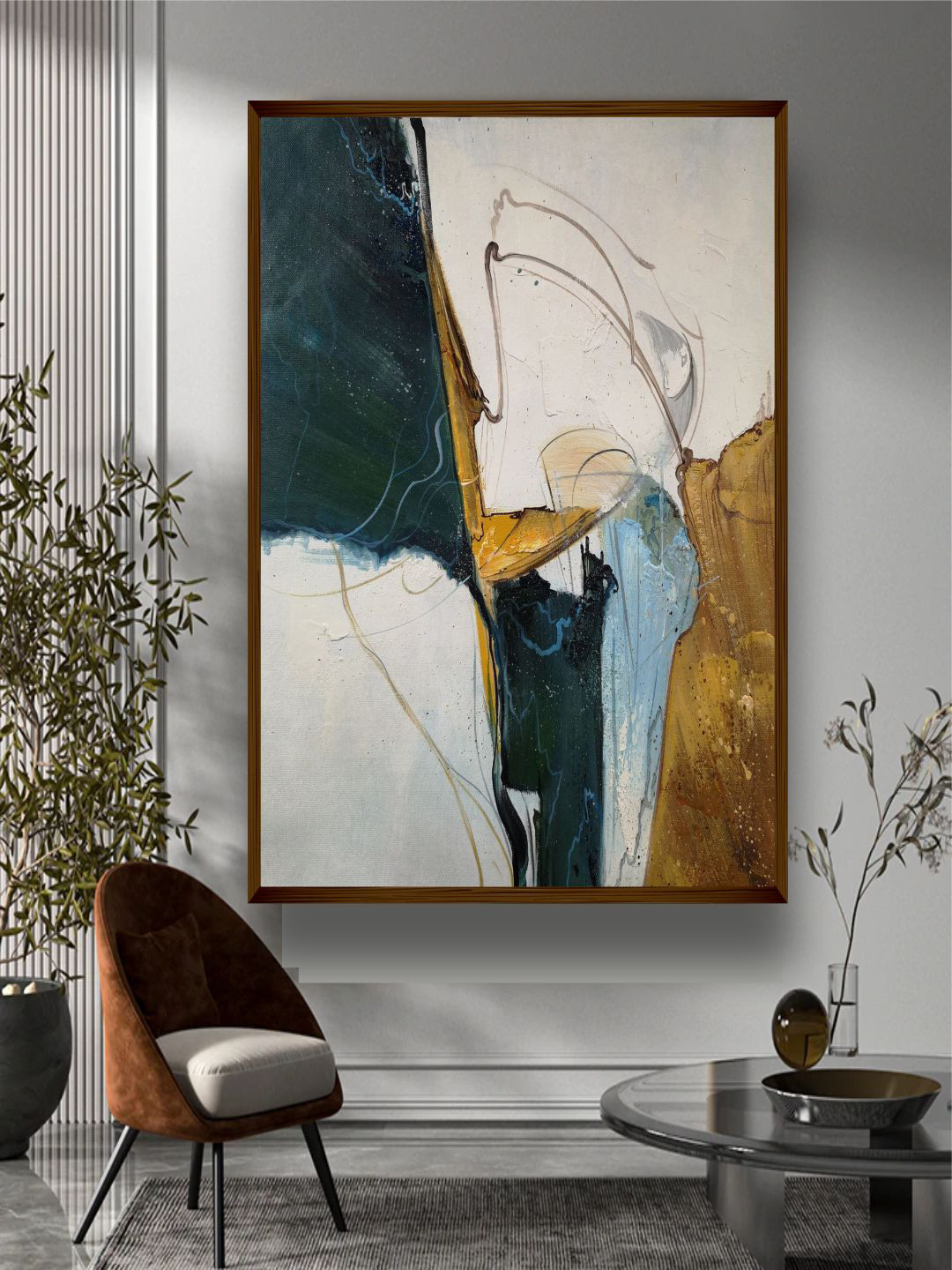 The Art House White & Green Abstract Painting Wall Art Brown Frame