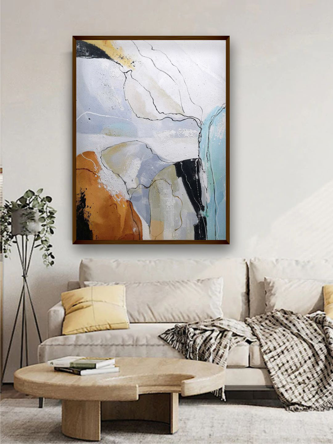 The Art House Blue & White Abstract Painting Wall Art Brown Frame