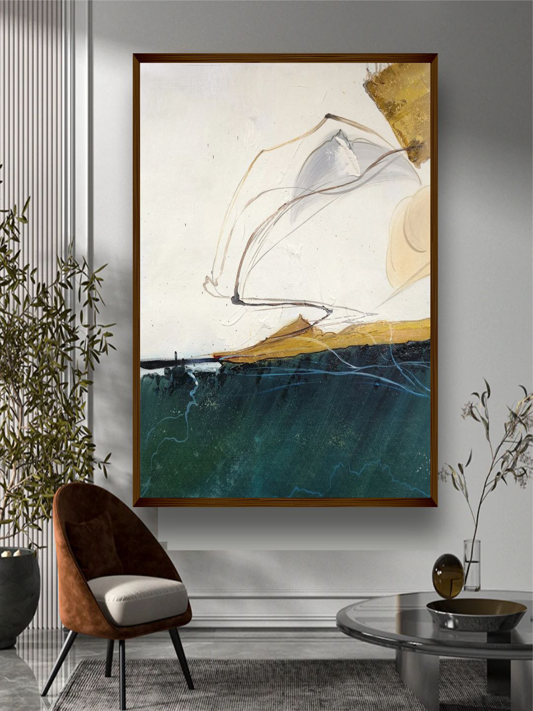 The Art House White & Navy Blue Abstract Painting Wall Art