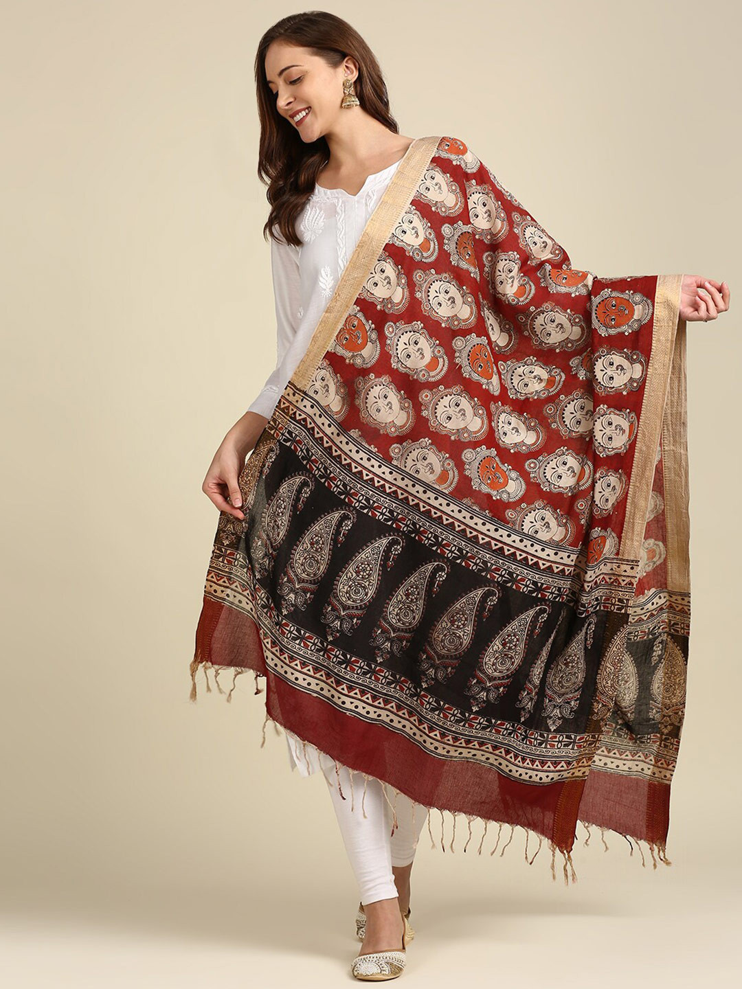 Dupatta Bazaar Maroon & Cream-Coloured Ethnic Motifs Dyed Pure Cotton Kalamkari Dupatta
