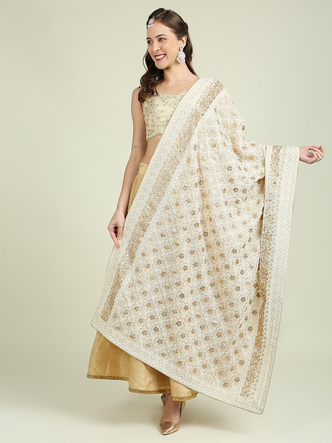 Dupatta Bazaar Off White & Gold-Toned Embroidered Dupatta