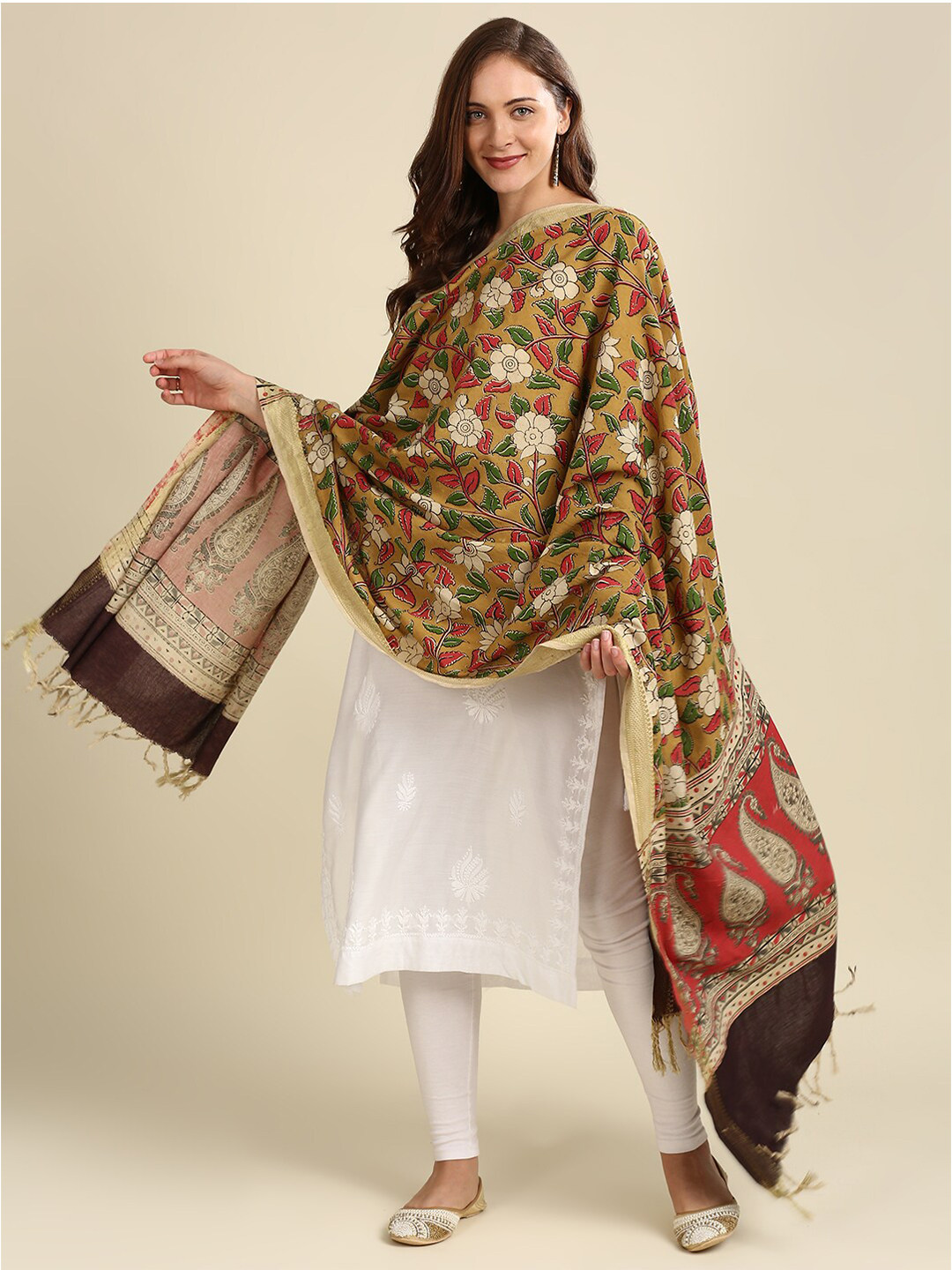 Dupatta Bazaar Mustard & Red Dyed Pure Cotton Kalamkari Dupatta