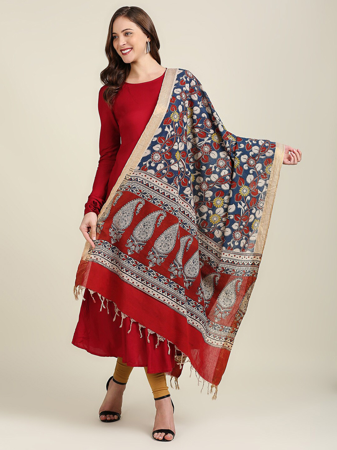 Dupatta Bazaar Blue & Red Dyed Pure Cotton Kalamkari Dupatta
