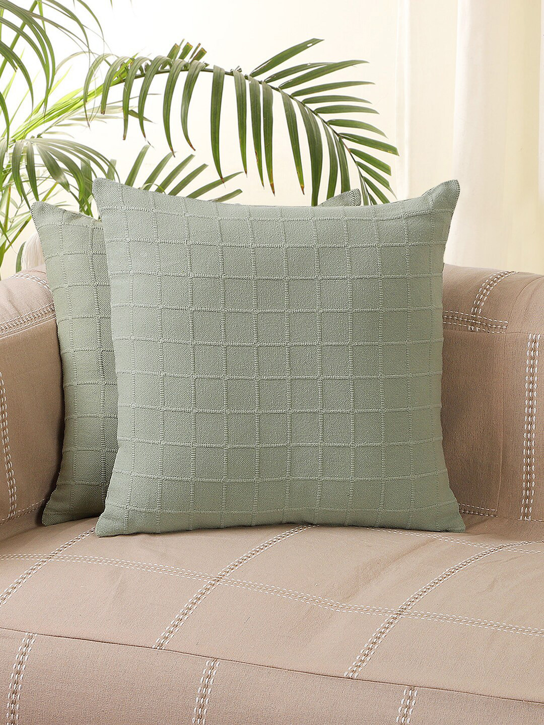 Jamio Firati Green Set of 2 Checked Square Cushion Covers